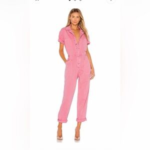 Pistola Grover Utility Button Front Short Sleeve Pink Jumpsuit
